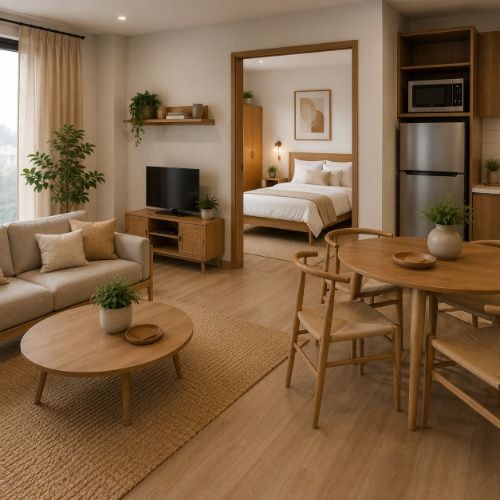 1BHK Airbnb furniture package with furnished living room, dining area, kitchen and separate bedroom