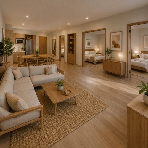 2BHK Airbnb furniture package with coordinated living room, dining set and two furnished bedrooms