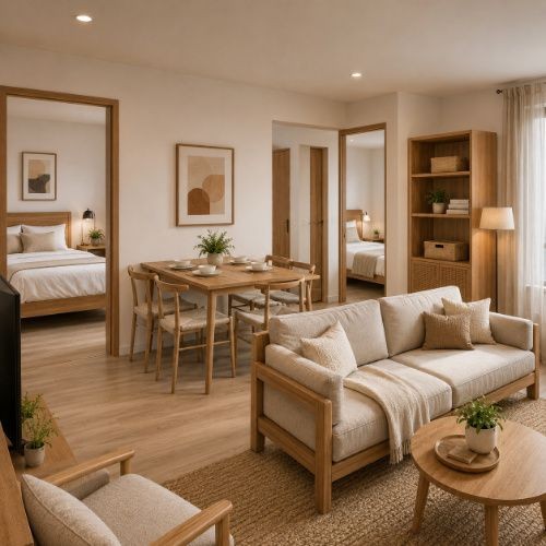 Spacious 3BHK Airbnb furniture package with large sofa, dining area, storage and three bedrooms