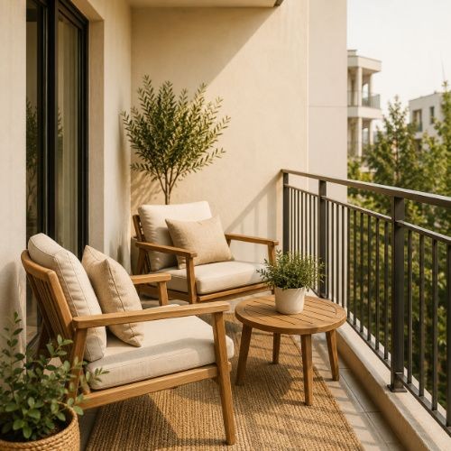 Small Airbnb balcony with two wooden lounge chairs, round table and minimal greenery