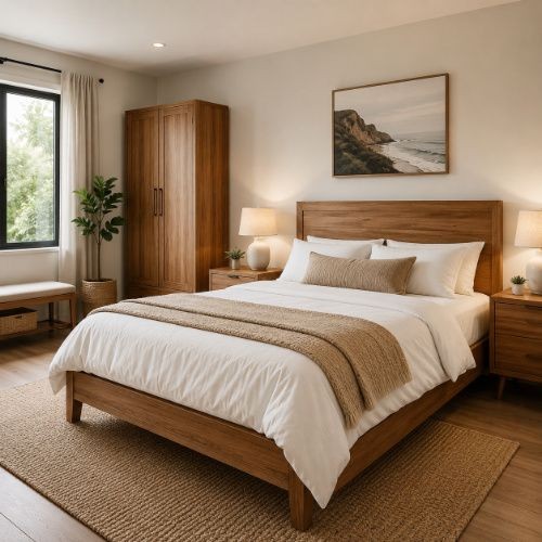 Minimal Airbnb bedroom with solid wood bed, bedside tables, wardrobe and neutral guest-ready decor