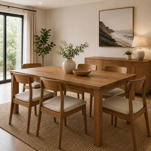 Airbnb dining room with solid wood table, six matching chairs and minimal natural decor