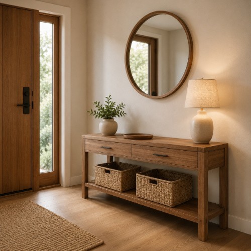 Airbnb entryway with wooden console table, storage baskets, round mirror and table lamp