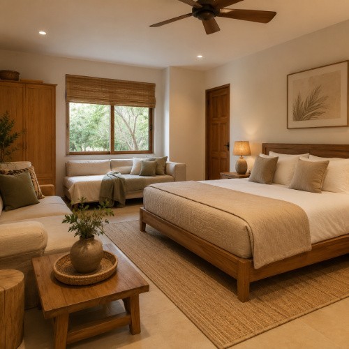 Family-friendly Airbnb room with wooden bed, sofa seating, extra sleeping space and storage