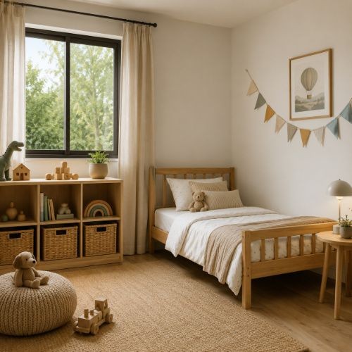 Minimal Airbnb kids room with wooden single bed, toy storage shelf and neutral playful decor
