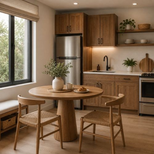 Compact Airbnb kitchen with wooden breakfast table, two chairs and practical storage cabinets