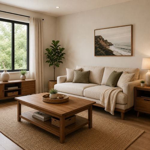 Modern Airbnb living room with wooden coffee table, media unit, sofa and warm neutral furnishings