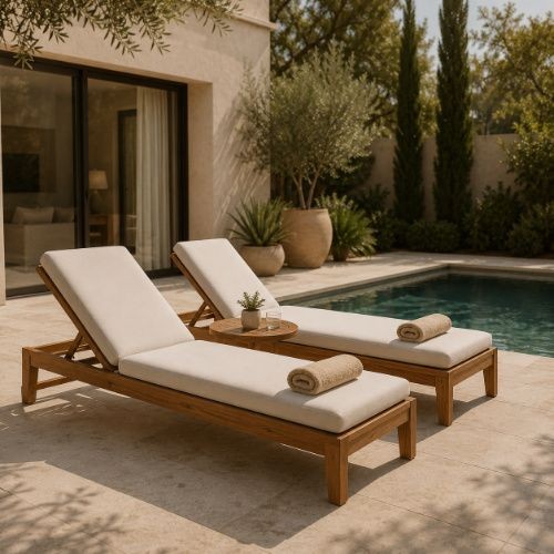 Airbnb poolside area with two wooden sun loungers, white cushions and a small side table