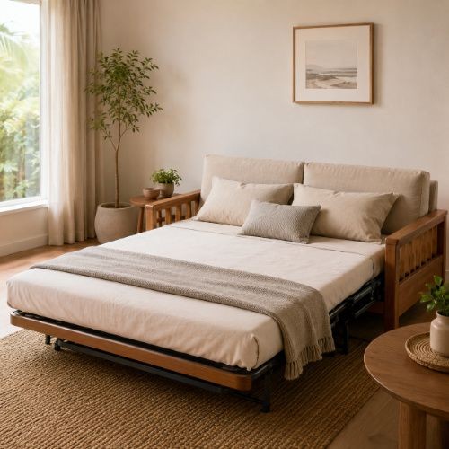 Airbnb sofa-cum-bed extended into a guest bed with wooden frame and neutral bedding