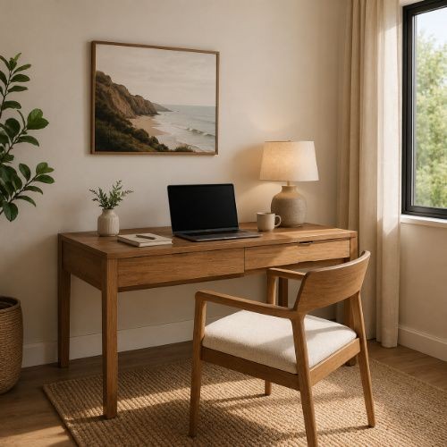 Minimal Airbnb workspace with wooden desk, upholstered chair, laptop and natural daylight