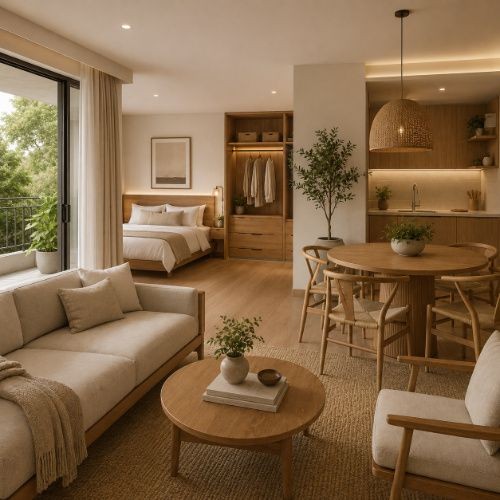 Budget Airbnb furniture package with practical wooden bed, compact sofa, dining furniture and basic storage