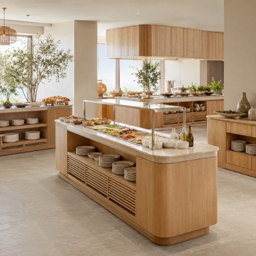 Wooden buffet counters and serving stations with plate storage and food display