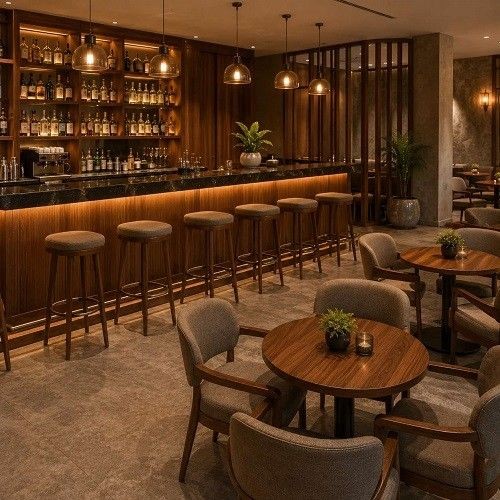 Premium hotel café and bar with wooden bar counter, bar stools, café tables and lounge seating