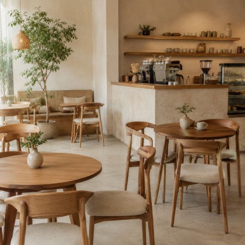 Wooden café tables and chairs in a minimal light-coloured coffee-shop interior