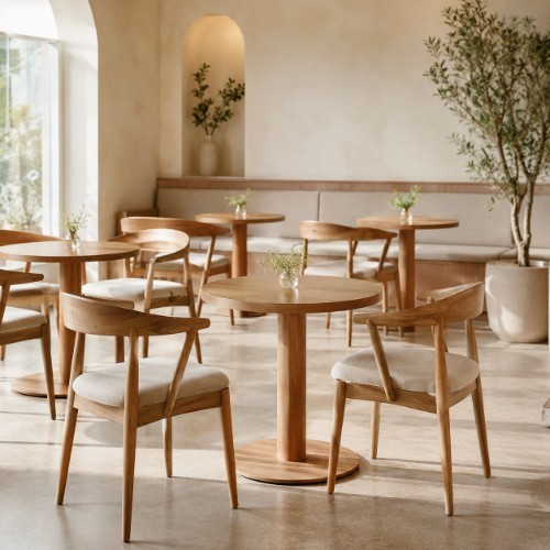 Light wooden café tables and upholstered chairs in a minimal café setting