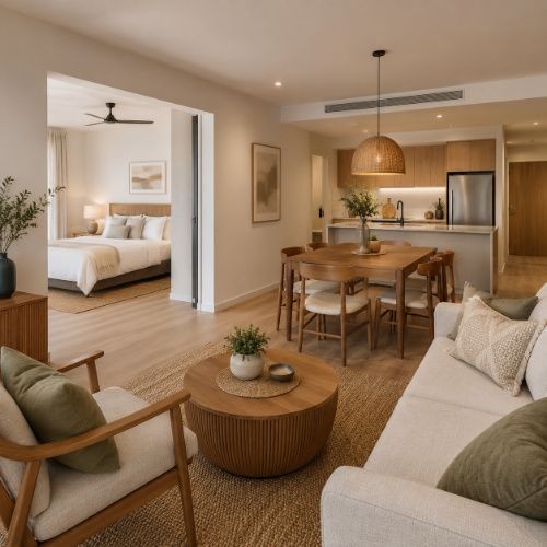 Complete Airbnb furniture package with coordinated living room, dining area, kitchen and bedroom furniture