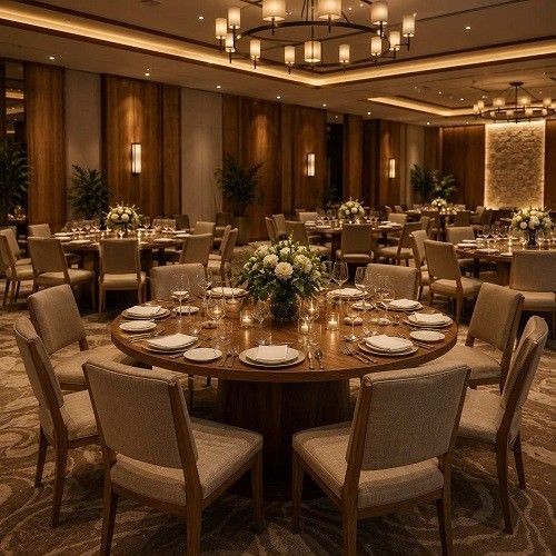 Elegant hotel banquet hall with round wooden tables, upholstered chairs and floral centrepieces