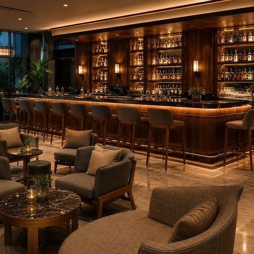 Luxury hotel bar and lounge with wooden bar counter, bar stools, armchairs and coffee tables