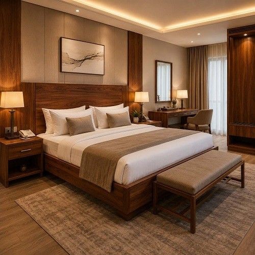 Luxury hotel bedroom with solid wood bed, bedside tables, writing desk, wardrobe and upholstered bench