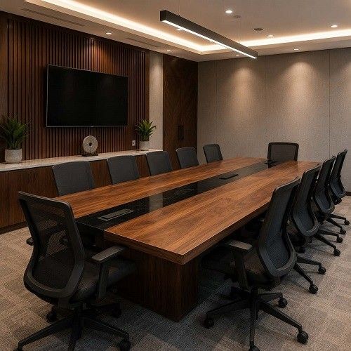 Modern hotel conference room with large wooden meeting table, office chairs and presentation screen