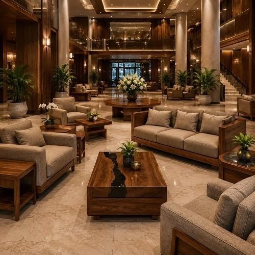 Luxury hotel lobby with wooden sofas, lounge chairs, coffee tables and minimal epoxy resin accents