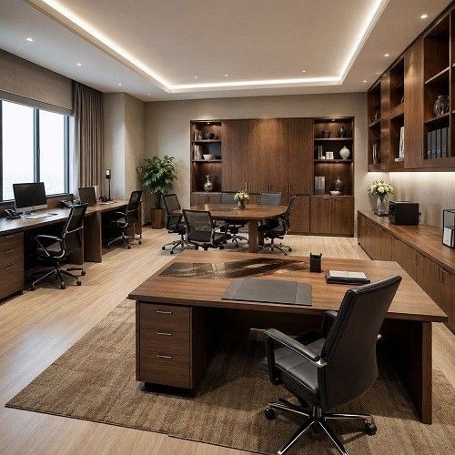 Modern hotel back office with wooden executive desks, workstations, meeting table and storage cabinets