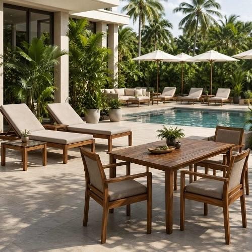Hotel outdoor poolside area with wooden sun loungers, dining table, chairs and patio umbrellas