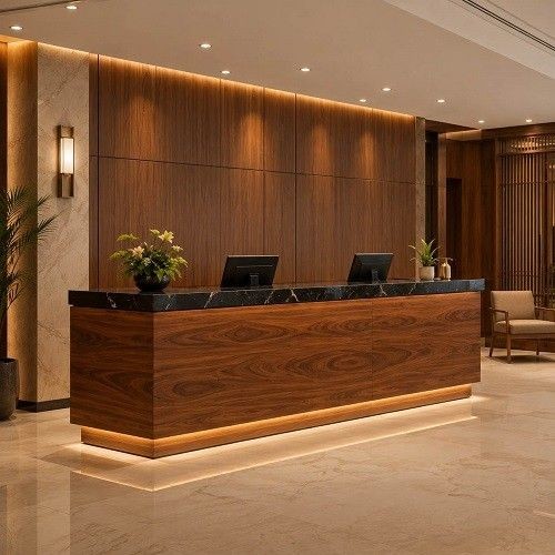 Modern hotel reception area with solid wood front desk, marble countertop and warm ambient lighting
