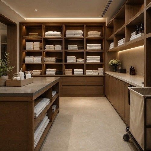 Hotel housekeeping room with wooden linen shelves, storage cabinets, worktable and laundry trolley