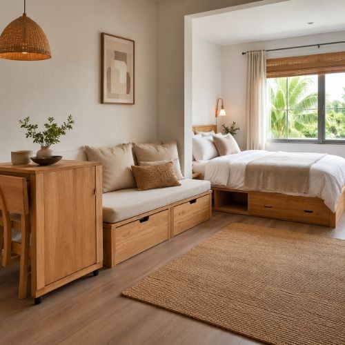Multifunctional Airbnb room with storage bed, convertible seating and compact wooden furniture