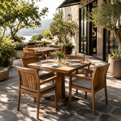 Wooden outdoor restaurant tables and chairs arranged on a garden patio