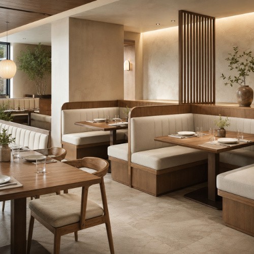 Wooden restaurant booth and bench seating with light upholstered cushions