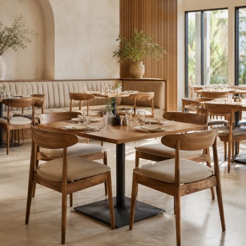Wooden restaurant dining tables and chairs in a light modern commercial interior