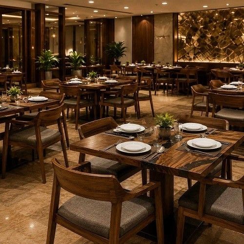 Hotel restaurant interior with wooden dining tables, upholstered chairs and minimal epoxy tabletop details