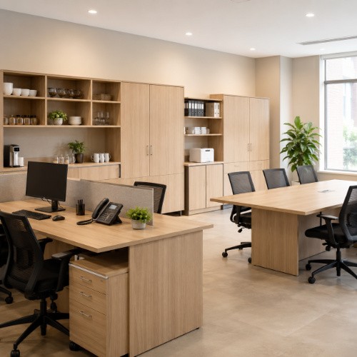Wooden restaurant office desks, meeting table, cabinets and storage furniture
