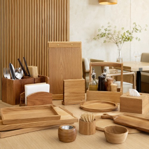 Wooden serving trays, menu holders, cutlery organisers and condiment caddies