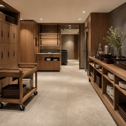 Wooden restaurant utility shelving, service trolley, cabinets and storage furniture