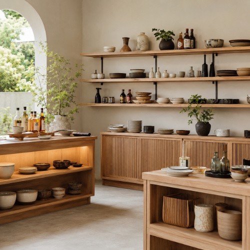Wooden restaurant wall shelves and display cabinets with ceramics and serving ware