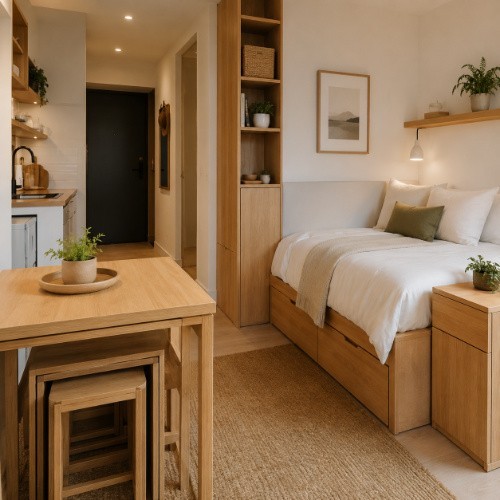 Compact Airbnb studio with storage bed, nesting stools, slim shelving and space-saving furniture