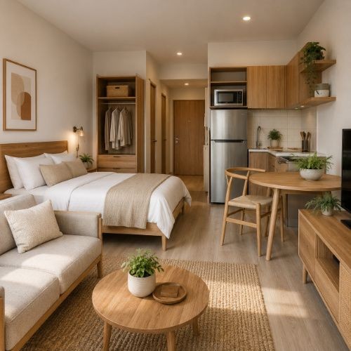 Complete studio Airbnb furniture package with wooden bed, compact sofa, dining table, kitchenette and storage