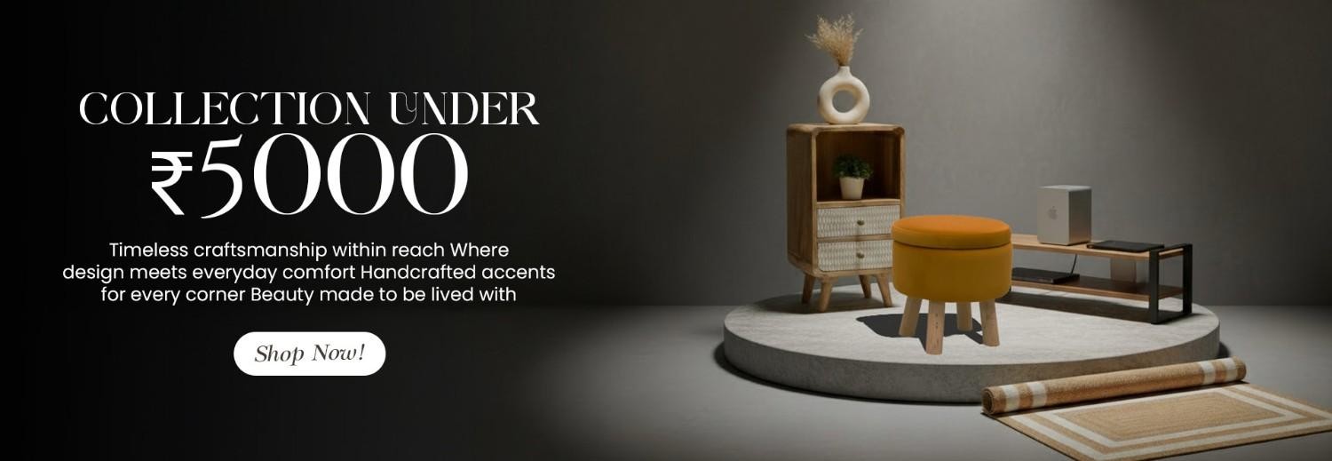 Affordable handcrafted furniture collection under ₹5,000 featuring a wooden cabinet, ottoman and laptop table