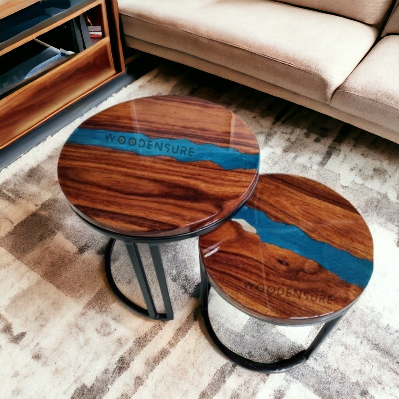 Halo Blue Resin Epoxy Solid Wood & Metal Frame Nesting Table ( Set of 2 )