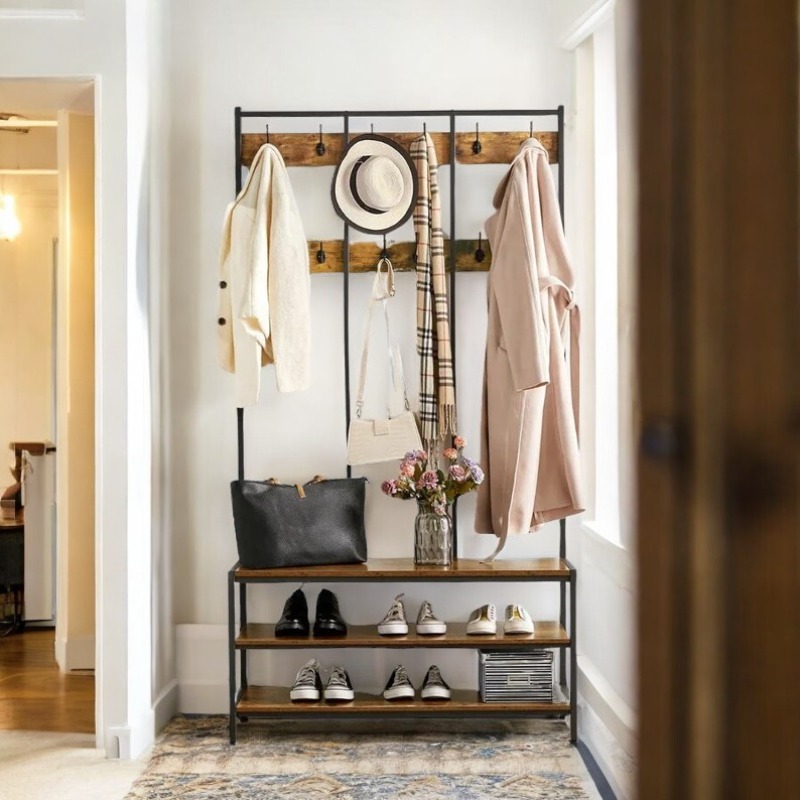 Solid Wood Coat Rack Hall Tree with Shoe Storage | Hall Tree Coat Rack | Modern Ha...