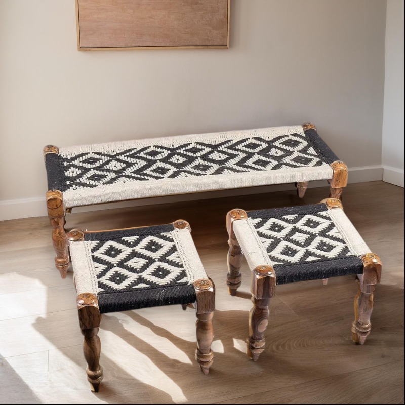 Cotton Rope Bench with Stool Set of 3 (Multi Purpose)