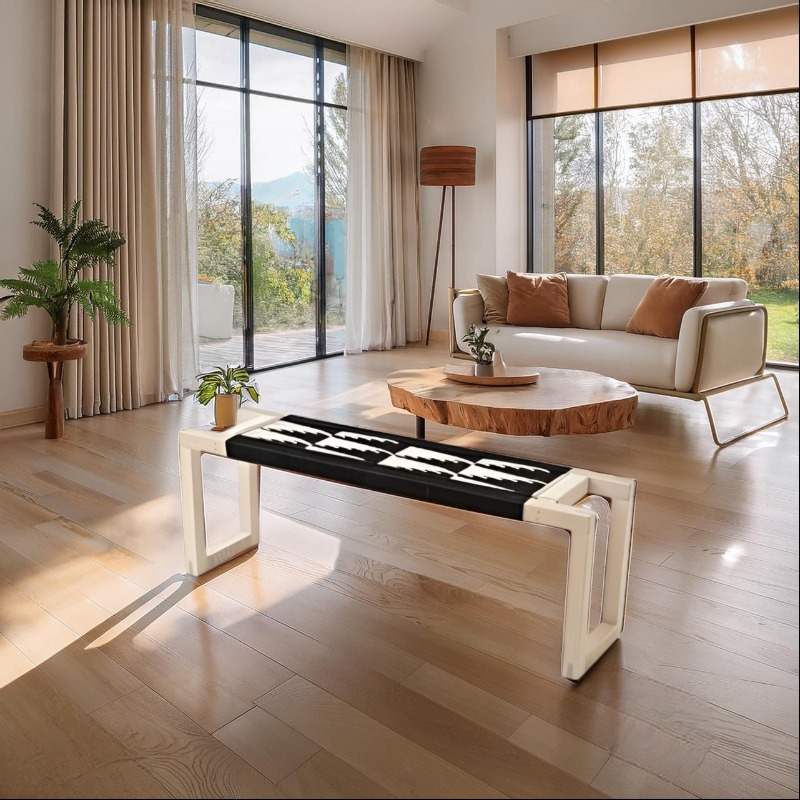 Black White Woven Jute Rope Bench