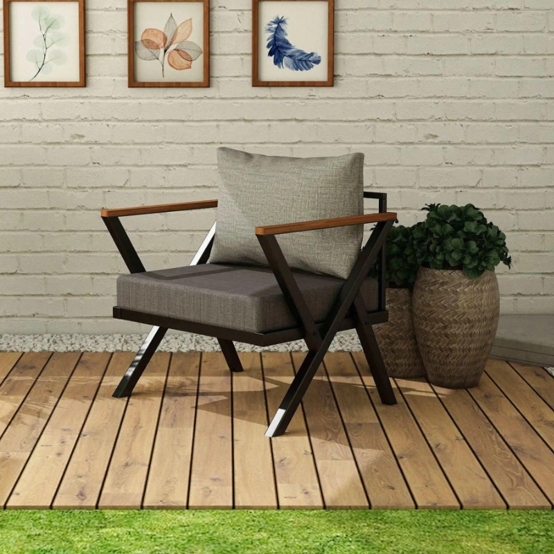 Luxe Garden Accent Armchair | Metal Wooden Sofa Chair  | Patio Garden Sofa