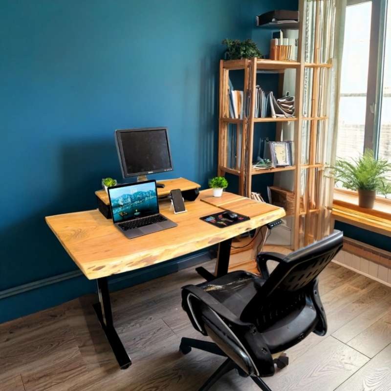 Quantum live edge height adjustable desk with black leg...