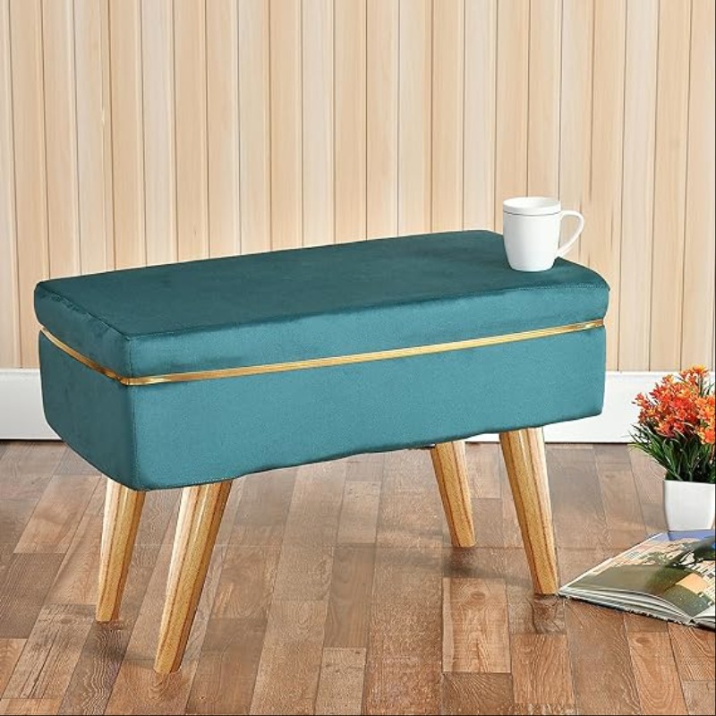 Modern Velvet Small Bench with Gold Accent