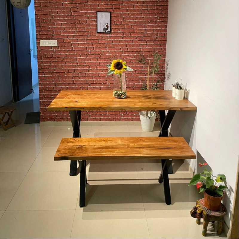Solid Wood Dining Table with Complementing Wooden Bench (With Metal Powder Coated ...