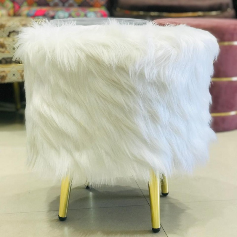 White Faux Gilded Ottoman Fur Pouff Stool | Fur Pouff Stool with Gold Legs for Mod...